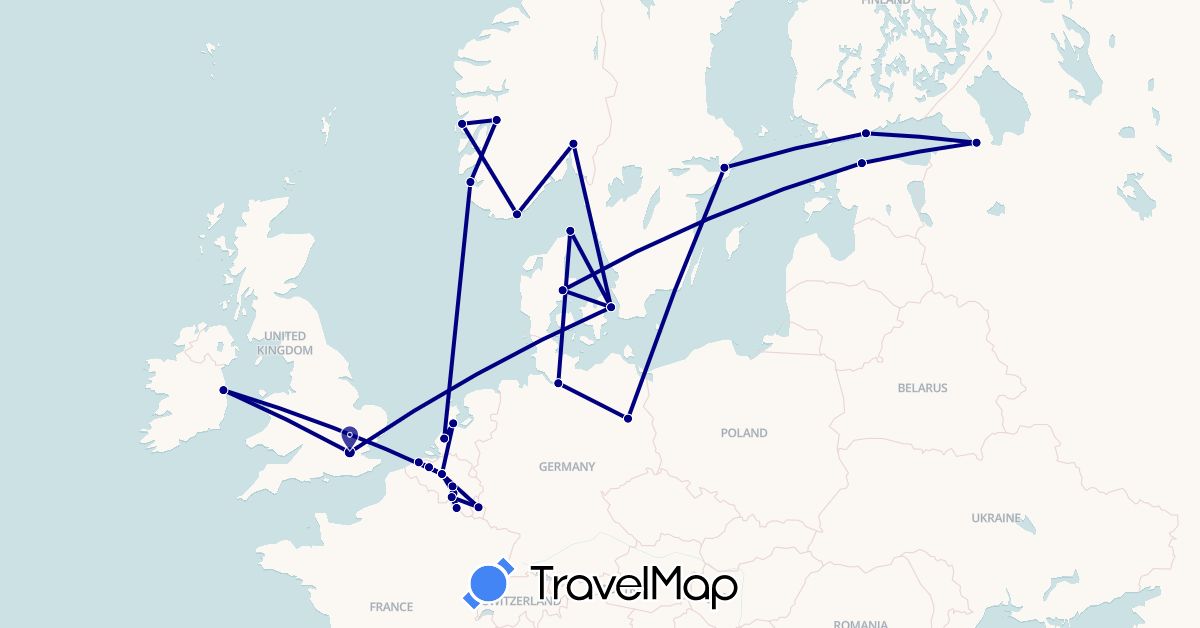 TravelMap itinerary: driving in Belgium, Germany, Denmark, Estonia, Finland, France, United Kingdom, Ireland, Luxembourg, Netherlands, Norway, Russia, Sweden (Europe)